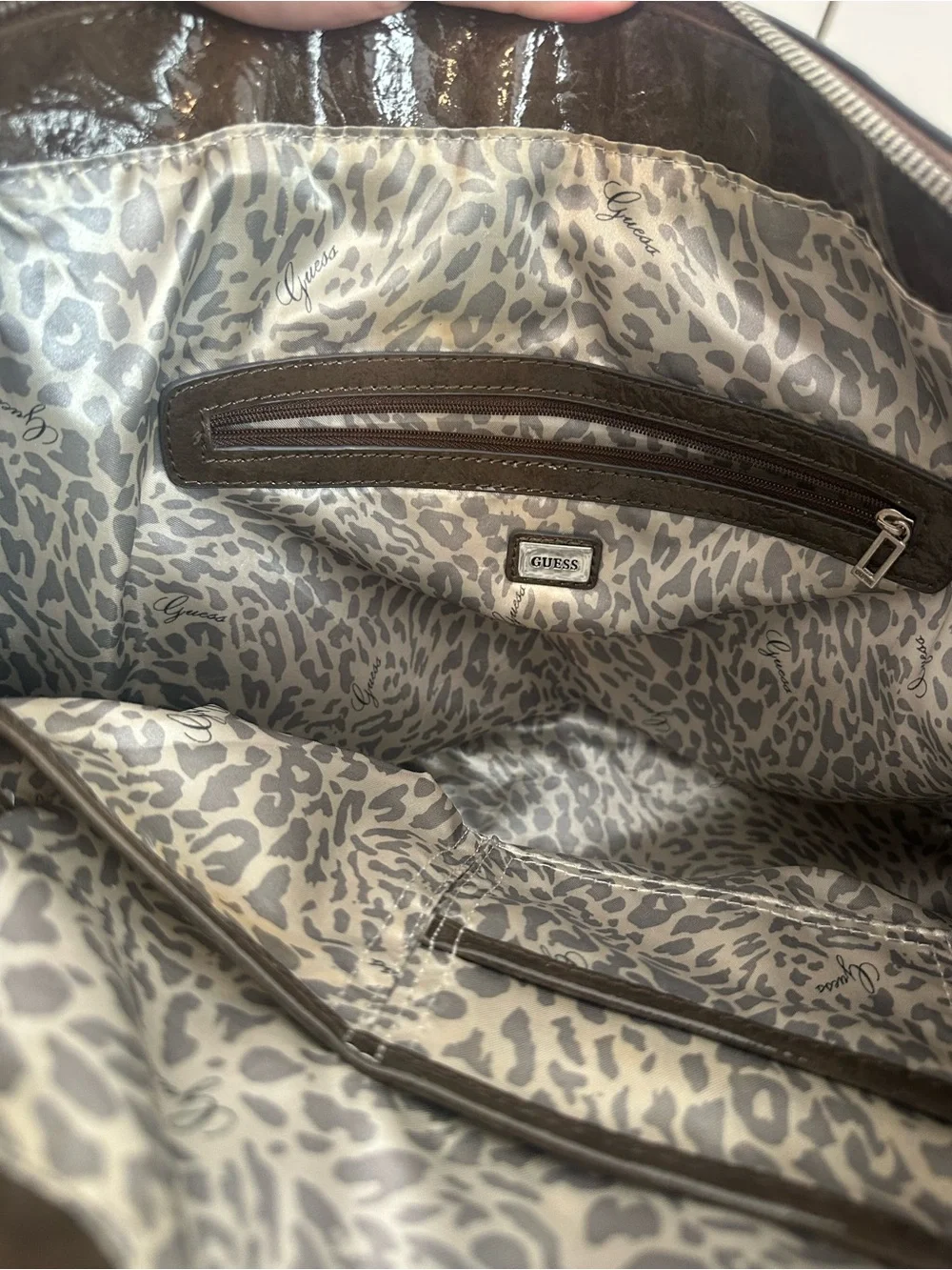 GUESS Brown Monogram Satchel Purse with Logo Plaque